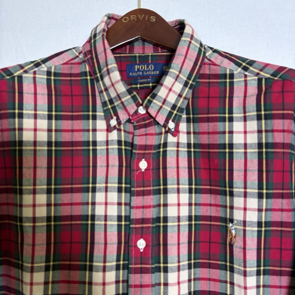 Polo Ralph Lauren Mens XXL Classic Fit Red Green Plaid Flannel Long Sleeve Shirt